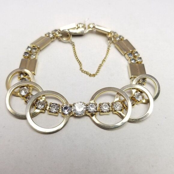 Vintage SAC Sarah Coventry Rhinestone Gold Tone Bracelet, Retro Design, Estate - Picture 1 of 7